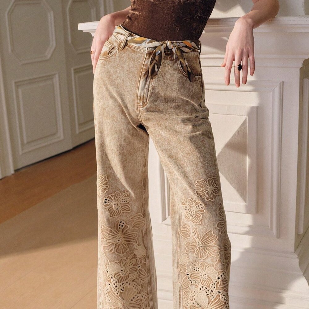 Khaki Boho Women's High Waist Embroidered Pants - Picture 5 of 6